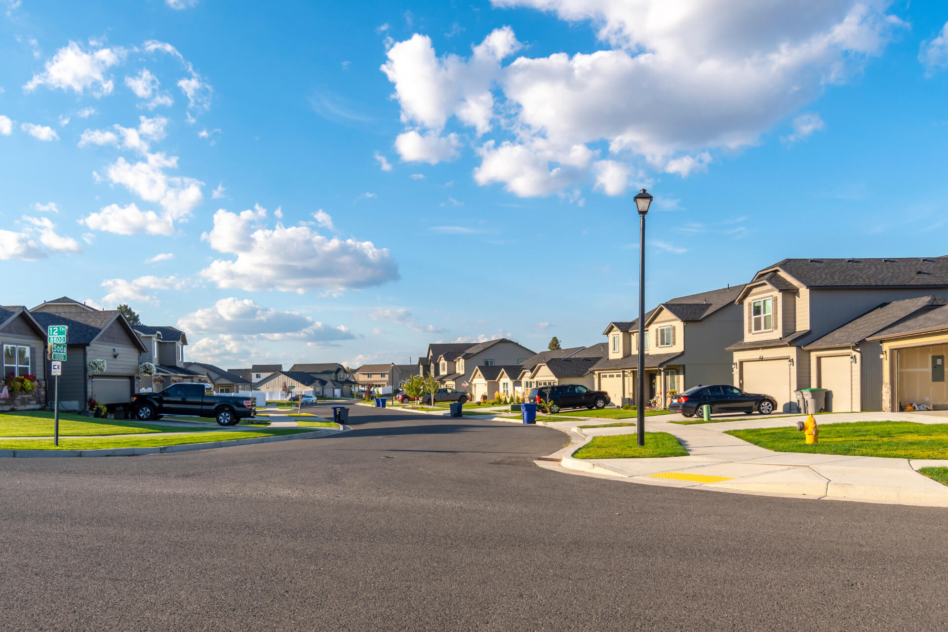 Residential street of family homes in an Alberta suburb